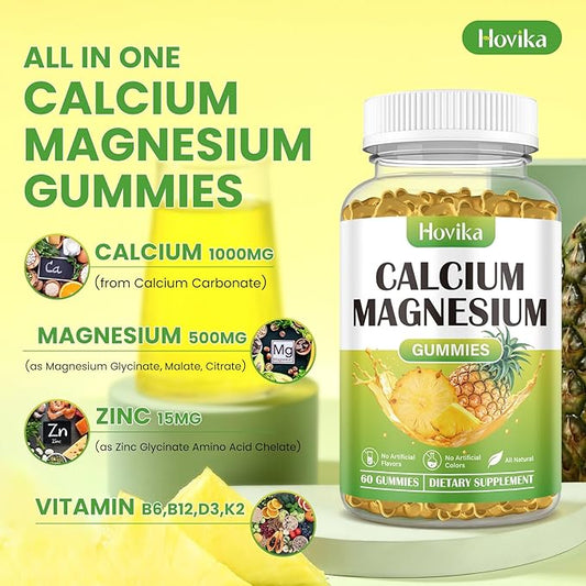 Calcium Magnesium Zinc Gummies, Calcium Magnesium 2:1 Ratio D3, K2, K2, B6, B6, B12 B12 for 60 Gummies