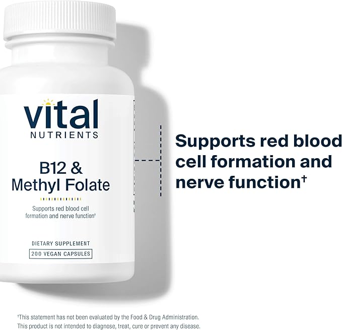 Vital Nutrients Vitamin B12 & Methyl Folate | Vegan Methylated Folate and B12 Supplement | Supports Nervous System & Metabolism* | High-Potency B12 Vitamins * | Gluten, Dairy, Soy Free | 200 Capsules