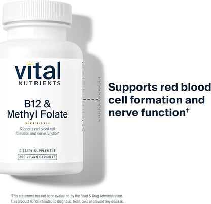 Vital Nutrients Vitamin B12 & Methyl Folate | Vegan Methylated Folate and B12 Supplement | Supports Nervous System & Metabolism* | High-Potency B12 Vitamins * | Gluten, Dairy, Soy Free | 200 Capsules