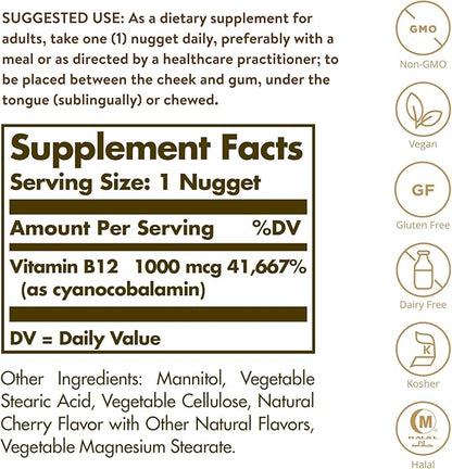 Solgar Vitamin B12 1000 mcg, 100 Nuggets 100 Servings