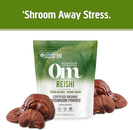 Om Mushroom Superfood Reishi Organic Mushroom Powder, 7.05 Ounce Pouch, 100 Servings, Adaptogen, Stress & Immune Support, Superfood Mushroom Supplement