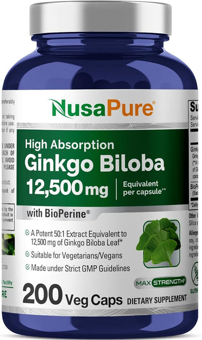 NusaPure Ginkgo Biloba Extract 12,500mg per 200 Capsules 50:1) Bioperine