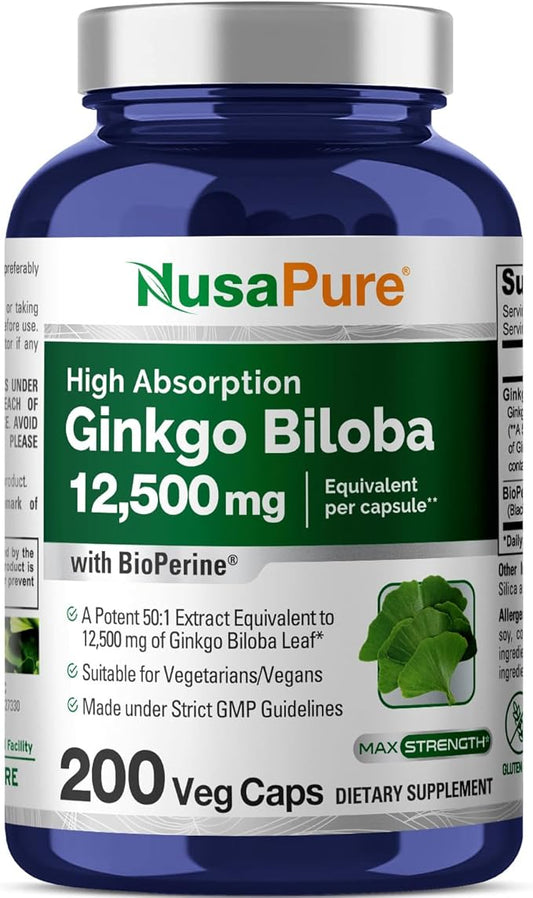 NusaPure Ginkgo Biloba Extract 12,500mg per 200 Capsules 50:1) Bioperine