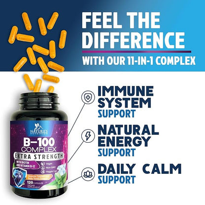 Vitamin B Complex Capsules with Vitamins B1 B2 B3 B6 B12 B100 C Biotin Folate & Folic Acid - Supplement for Energy, Brain, & Immune Support - Super B Vitamin Complex for Women & Men - 120 Vegan Pills