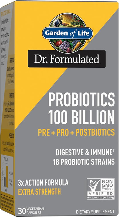 Garden of Life Dr Formulated Once Daily 3-in-1 Complete Probiotics, Prebiotics & Postbiotics Supplement for Women and Men’s Digestive & Immune Health – Extra Strength, 100 Billion CFU