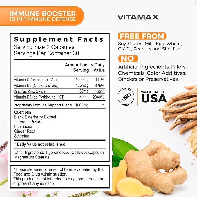 10-in-1 Immune System Support Booster D3, Selenium, B6, Echinacea (60 Count 1))