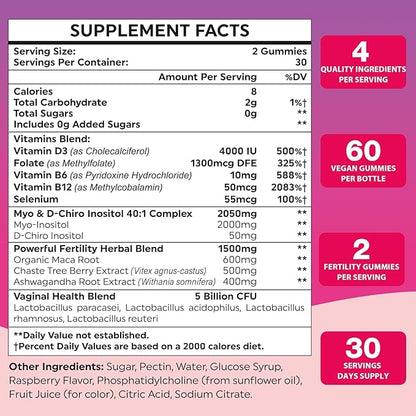 Fertility Supplements for Women, Prenatal Vitamins with Myo-Inositol & D-Chiro Inositol, Folate, Herbs, for Hormonal Balance, Fertility & Vaginal Care, 360 Prenatal Gummies (Raspberry)