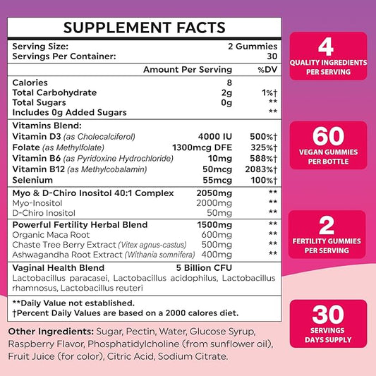 Fertility Supplements for Women, Prenatal Vitamins with Myo-Inositol & D-Chiro Inositol, Folate, Herbs, for Hormonal Balance, Fertility & Vaginal Care, 60 Prenatal Gummies (Raspberry)