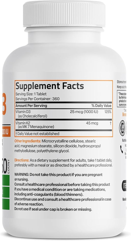 Bronson Vitamin K2 (MK7) with D3 Lower Dose 45mcg Vitamin K2 & 1000 IU Vitamin D3 Easy to Swallow Daily Maintenance 2 in 1 Formula Non-GMO, 360 Mini Tablets