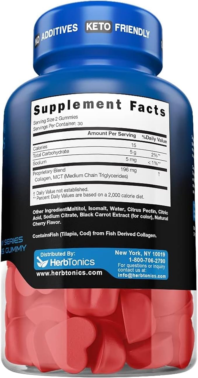 Herbtonics Keto Gummies with MCT + Collagen | Sugar Free MCT Oil Capsules | Anti Aging, Hair Growth, Skin Care & Strong Nails Protein Collagen Gummies | On-The-Go Keto Gummy
