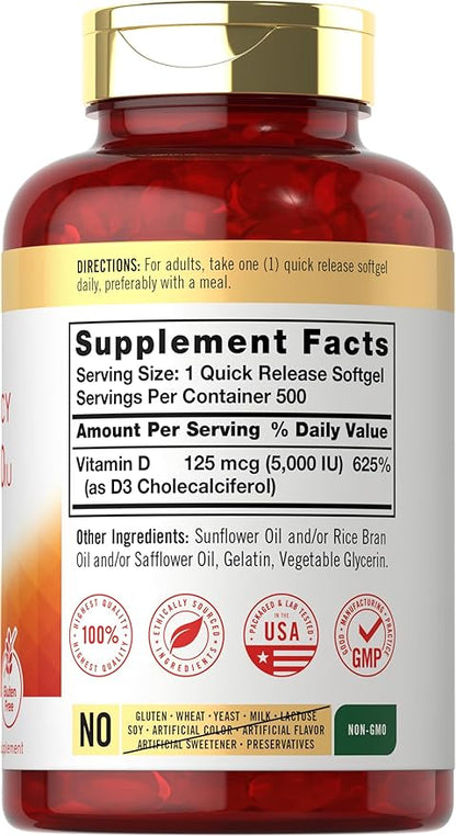 Carlyle Vitamin D3 5000 IU Softgels 500 Count 125mcg
