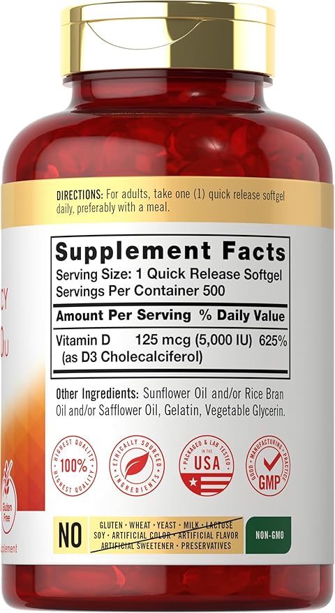 Carlyle Vitamin D3 5000 IU Softgels 500 Count 125mcg