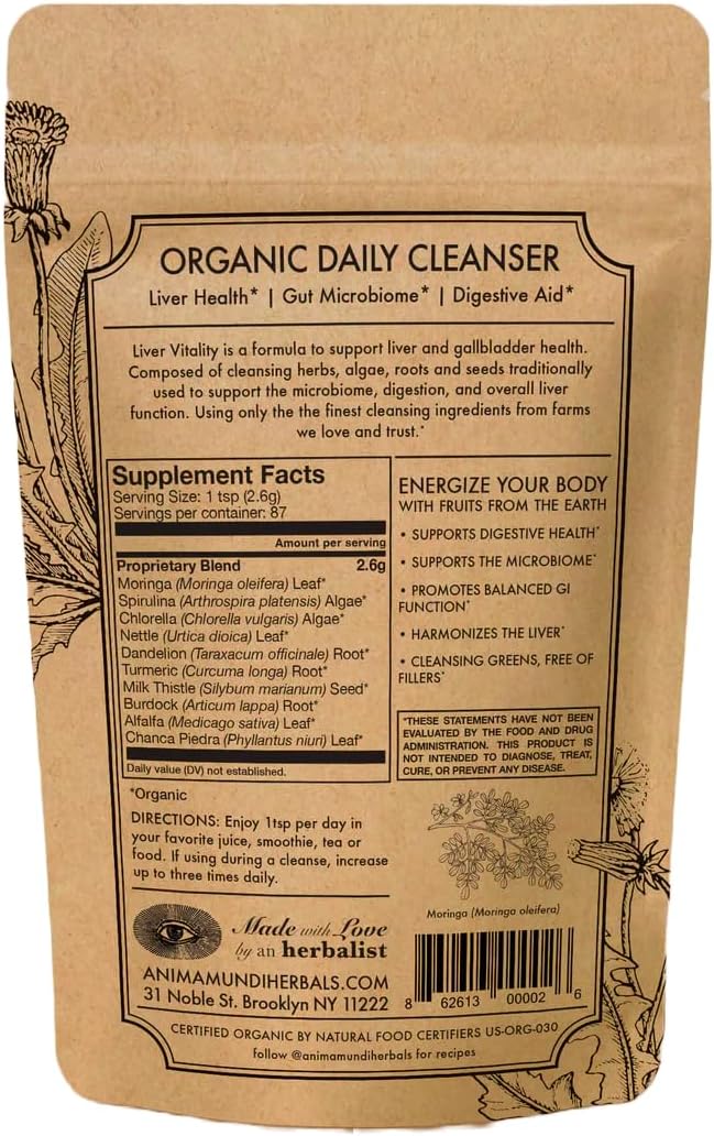 Anima Mundi Super Greens Powder - Liver Vitality - Organic Superfood Greens & Herbal Prebiotics for Liver Detox, Cleanse & Support - Vitamin-Rich with Fair Trade Dandelion, Milk Thistle & More (8oz)