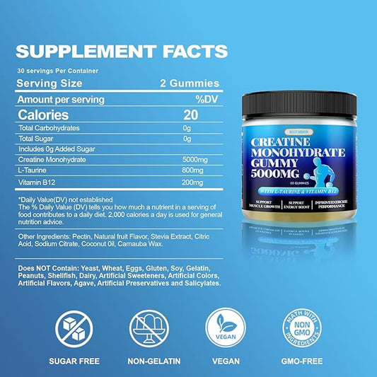 Creatine Monohydrate Gummies 5000mg with L-Taurine B12 Per 60 Count