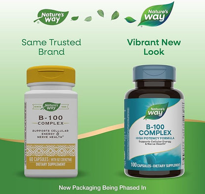 Nature's Way B-100 Complex, Supports Cellular 8 B-Vitamins, 100 Capsules