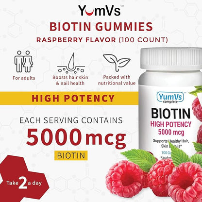 YUM-V'S High Potency Biotin Gummies by YumVs | Daily Dietary Supplement for Adults and Kids | Biotin 10000 mcg | Natural Raspberry Flavor Jellies, 100-Count | Vegetarian, Non-GMO, Kosher