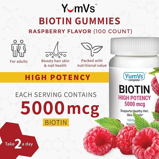 YUM-V'S High Potency Biotin Gummies by YumVs | Daily Dietary Supplement for Adults and Kids | Biotin 10000 mcg | Natural Raspberry Flavor Jellies, 100-Count | Vegetarian, Non-GMO, Kosher