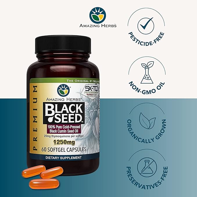 Amazing Herbs Premium Black Seed Oil Capsules - High Potency, Cold Pressed Nigella Sativa Aids in Digestive Health, Immune Support & Brain Function - 60 Count, 1250mg (Pack of 2)