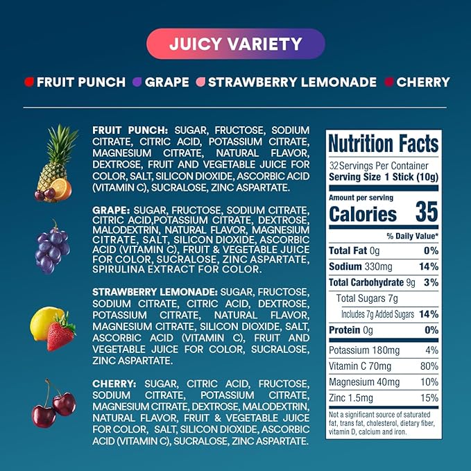 DripDrop Hydration - Juicy Variety Pack - Electrolyte Drink Mix Single Serve Powder Packets - Grape, Fruit Punch, Strawberry Lemonade, Cherry | Non-GMO, Gluten Free, Vegan | 32 Sticks