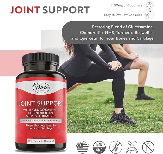 Pure By Nature Joint Support, Glucosamine with Chondroitin Turmeric MSM Boswellia Supplement, 180 Capsules