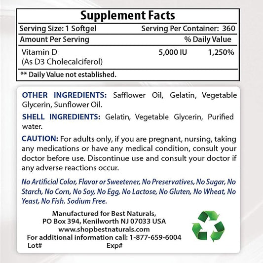 Best Naturals Vitamin D3 5000 IU 360 Softgels
