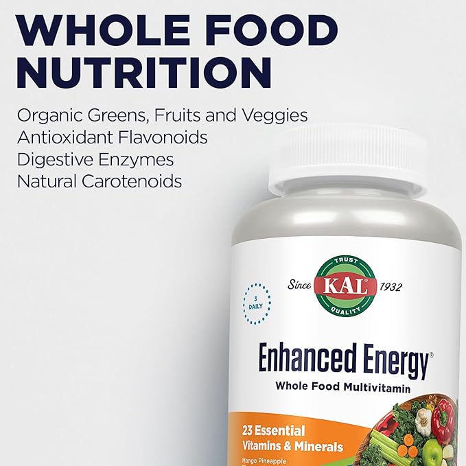 KAL Enhanced Energy Supplements, Whole Food Chewable Multivitamin with Iron, 3 Daily, 23 Essential Vitamins and Minerals, Super Foods, Enzymes, Mango Pineapple Flavor, 60-Day Guarantee, 20 Serv, 60ct