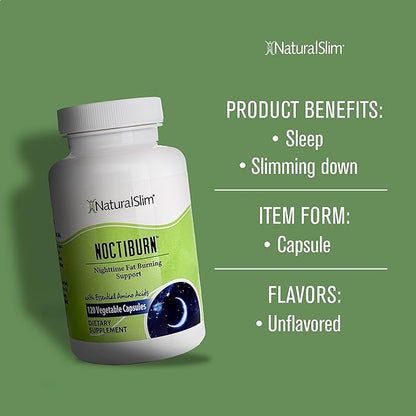 NaturalSlim NoctiBurn Night Burning & Metabolism Support Supplements with Essentials Amino Acid - Nighttime Fat Burner - 120 Vegetable Capsules