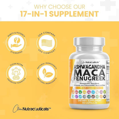 Clean Nutraceuticals Ashwagandha Maca Root Fenugreek Supplement with Tongkat Ali Ginseng - Assists with Stress, Mood & Thyroid - Ashwagandha Capsules Fenugreek Caps - 1 Pack