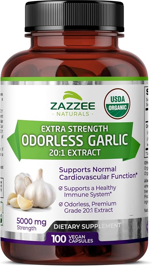 Zazzee USDA Organic Odorless Garlic 20:1 5000 mg 100 Vegan 3+ Month 20X Extract, 100% Vegetarian,
