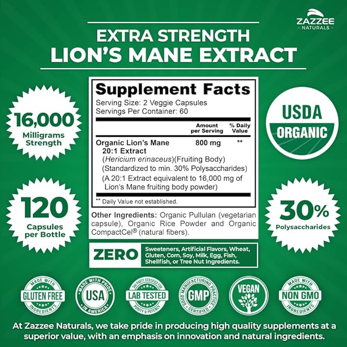 Zazzee USDA Organic Lion's Mane 20:1 16,000 mg 30% Polysaccharides, 120 Vegan 60 Day 20X Extract,