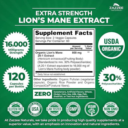Zazzee USDA Organic Lion's Mane 20:1 16,000 mg 30% Polysaccharides, 120 Vegan 60 Day 20X Extract,