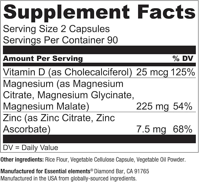 Essential Elements Magnesium & Zinc D3 for 200mg - 6 Month