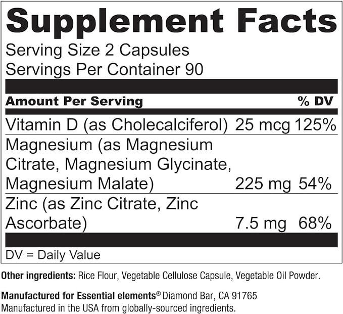 Essential Elements Magnesium & Zinc D3 for 200mg - 9 Month