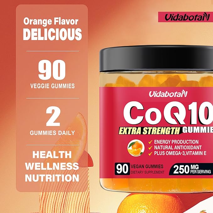 Sugar Free CoQ 10 gummies 250mg Omega-3, High Q10 Supplements 90 chewable
