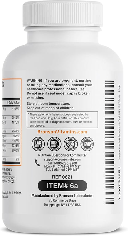 Bronson Vitamin B Complex (Vitamin B1, B2, B3, B3, B6, B6, B9 B9 - B12), 100 100 Tablets