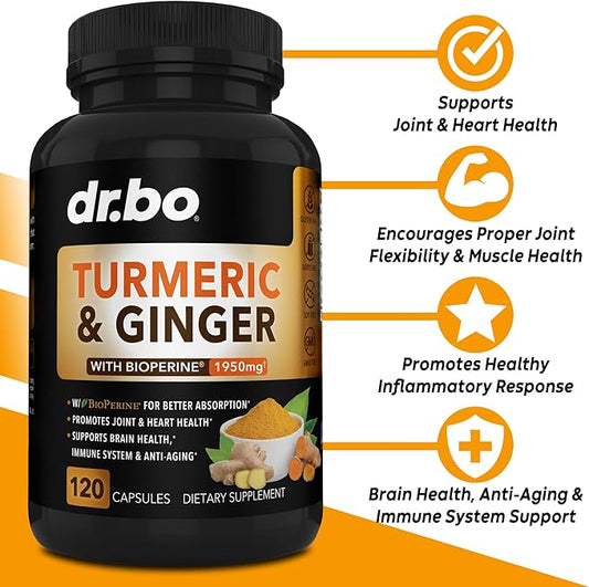 Turmeric Curcumin with BioPerine & Ginger Supplement 1950mg Organic 120 Capsules