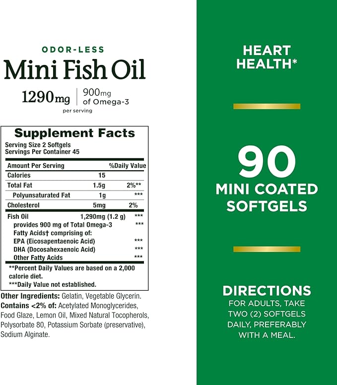 Nature's Bounty Mini Fish Oil Softgels 1290 mg, Omega-3, Supports 90 Mini