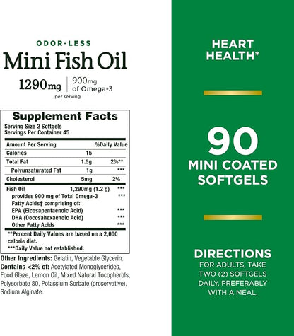 Nature's Bounty Mini Fish Oil Softgels 1290 mg, Omega-3, Supports 90 Mini
