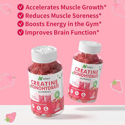 Creatine Monohydrate Gummies 5000mg for Men & Women, Chewables Creatine Monohydrate for Muscle Strength, Muscle Builder, Energy Boost, Pre-Workout Supplement-180 Strawberry Gummies