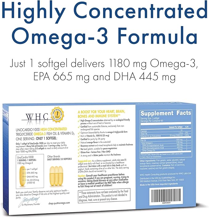 UnoCardio 1000 Fish Oil, 1300 mg Omega-3 (1180 (1180 mg), 665 mg 445 mg 25 mcg (1000 IU) D3 per 60 softgels
