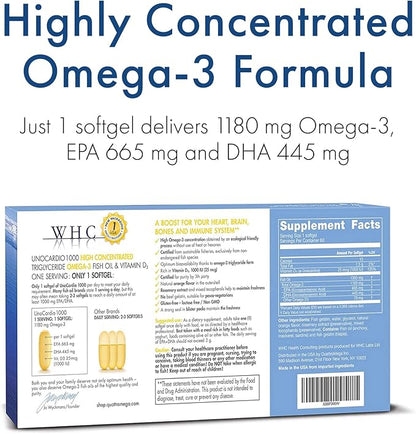 UnoCardio 1000 Fish Oil, 1300 mg Omega-3 (1180 (1180 mg), 665 mg 445 mg 25 mcg (1000 IU) D3 per 60 softgels
