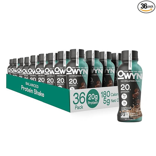 OWYN Only What You Need Vegan Plant Based Protein Shake, Cold Brew Coffee, 36 Pack, 20g Plant Protein, 148mg of Caffeine, Omega-3, Prebiotic Supplements, Gluten-Free, Soy-Free, Non-GMO