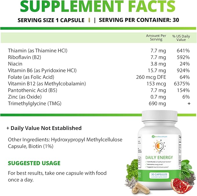 Vitamin B Complex Energy Supplements - Daily TMG Supplements with B Complex Multivitamin for Energy Memory Booster and Mood Support Herbal Vitamins - B Complex Vitamins for Women (6 Month Supply)
