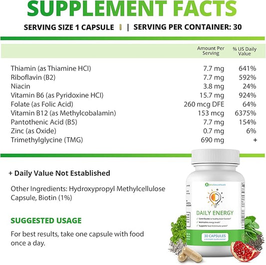 Vitamin B Complex Energy Supplements - Daily TMG Supplements with B Complex Multivitamin for Energy Memory Booster and Mood Support Herbal Vitamins - B Complex Vitamins for Women (6 Month Supply)