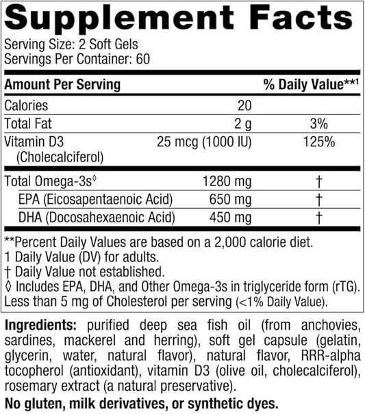Nordic Naturals Ultimate Omega-D3, Lemon Flavor 120 Soft 1280 mg Omega-3 + 1000 IU D3 - Omega-3 Fish 60 Servings
