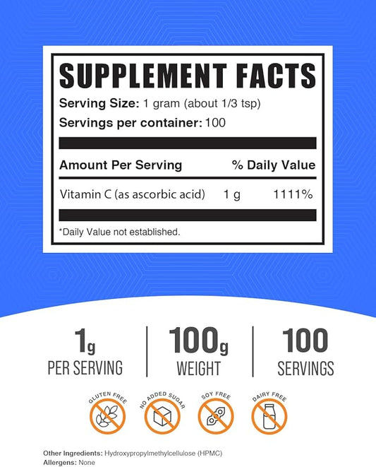 BulkSupplements.com Ascorbic Acid Powder - Vitamin C Supplement, Ascorbic Acid Food Grade - Powdered Vitamin C, Immune Support - Gluten Free, 1g per Serving, 100g (3.5 oz) (Pack of 1)