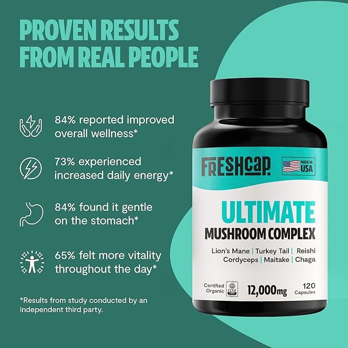FreshCap Ultimate Mushroom Supplement 12,000mg - Mushroom Complex Capsules, Organic Mushrooms Supplement, Mushroom Extract, Ayurveda Mushroom Blend Nootropic (120 Capsules)