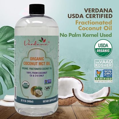 Verdana USDA Certified Organic Coconut MCT Oil –Fractionated Coconut Oil – No Palm Kernel Used – Kosher, Food Grade, Non-GMO – Great for Keto and Paleo Diets, Oil Pulling Rinse Mouthwash – 32 Fl Oz