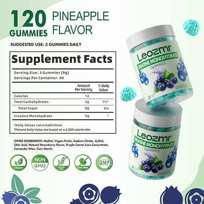 Creatine Monohydrate Gummies 5000mg for Men & Women, Chewables Creatine Monohydrate Supplement(120 Count)- Blueberry 120 Gummies