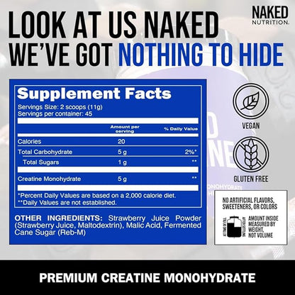 Naked Creatine - Strawberry Flavored Creatine Monohydrate - Real Strawberry Powder, Nothing Artificial, Muscle Growth, Vegan, Non-GMO, Gluten Free, Soy Free - 45 Servings